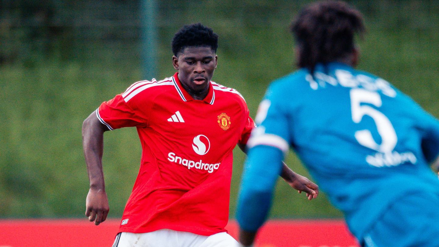 Carlos Baleba in action for Manchester United in a friendly match at Carrington against Lausanne-Sport
