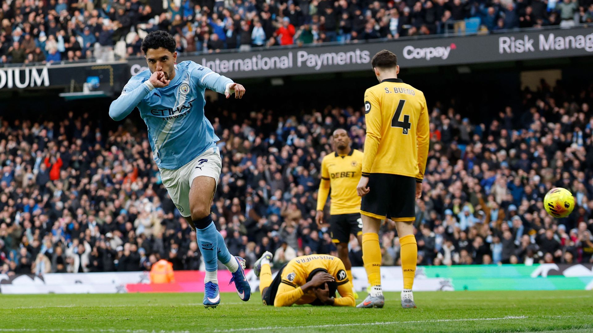 Omar Marmoush celebrates scoring for Manchester City against Wolves