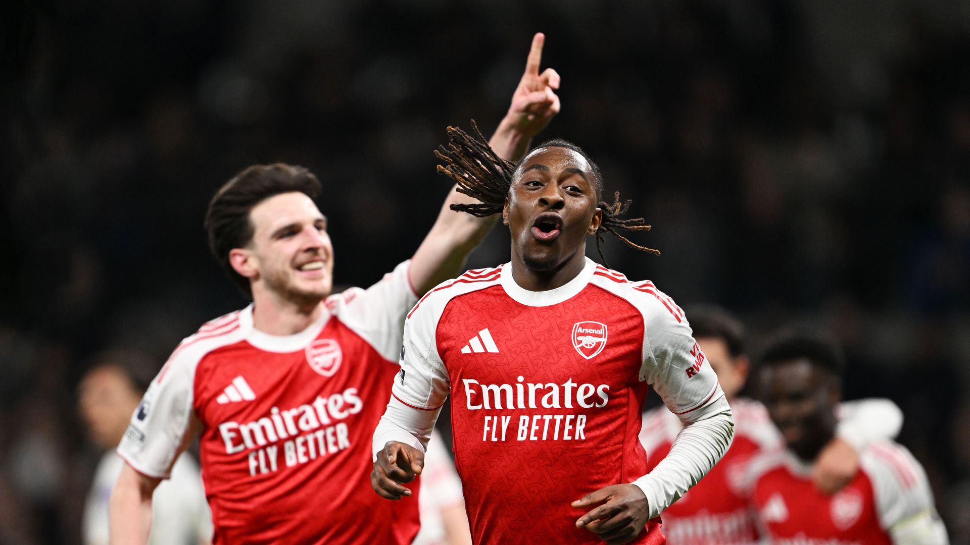 Ebere Eze and Declan Rice celebrate Arsenal's third